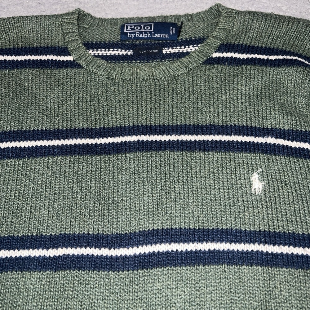 VTG Polo Ralph Lauren Sweater Men's Sz L Green Blue Striped White Pony Pullover - Picture 2 of 6